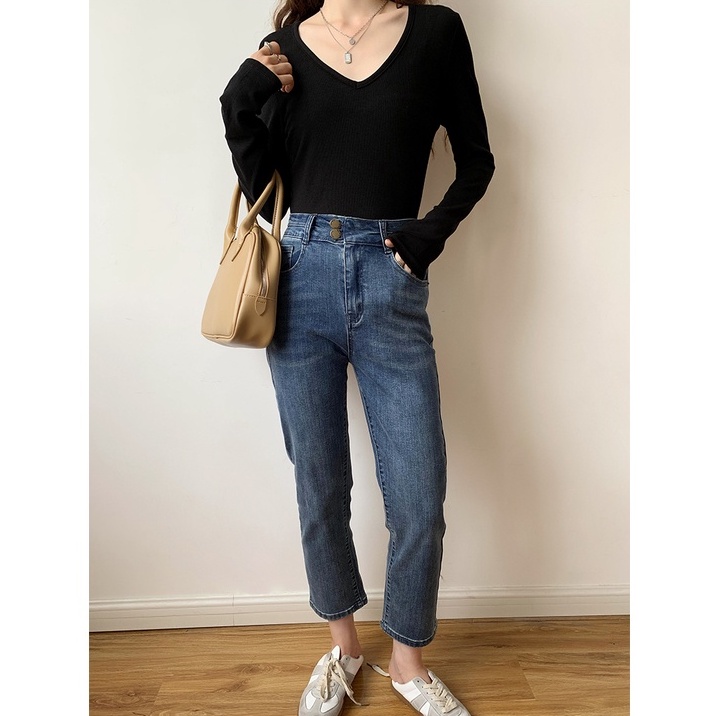 Áo dệt kim tay dài cổ chữ V phong cách mới 46141