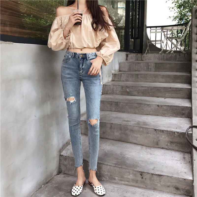 Quần jeans dài rách gối thời trang cho nữ