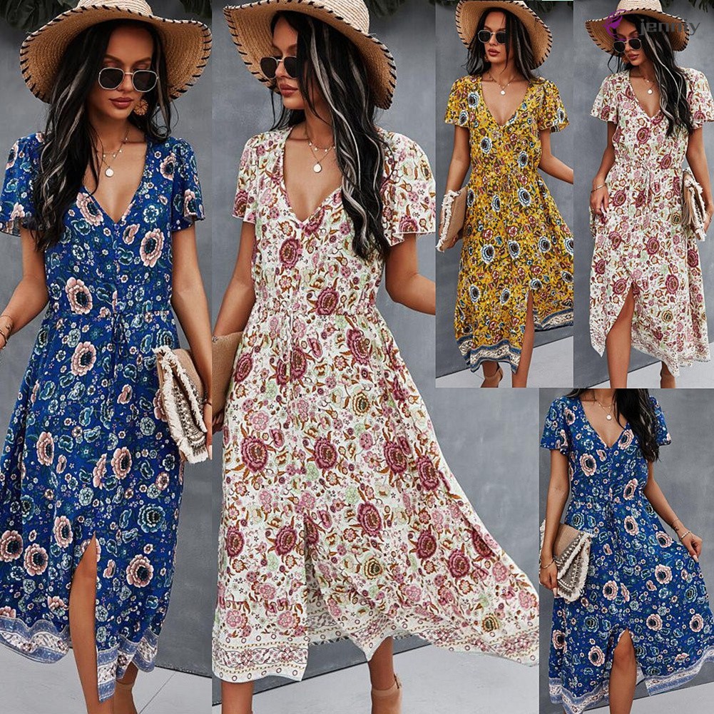 Đầm Dài Tay Ngắn Cổ Chữ V In Họa Tiết Hoa Thời Trang Mùa Hè Cho Nữ | BigBuy360 - bigbuy360.vn