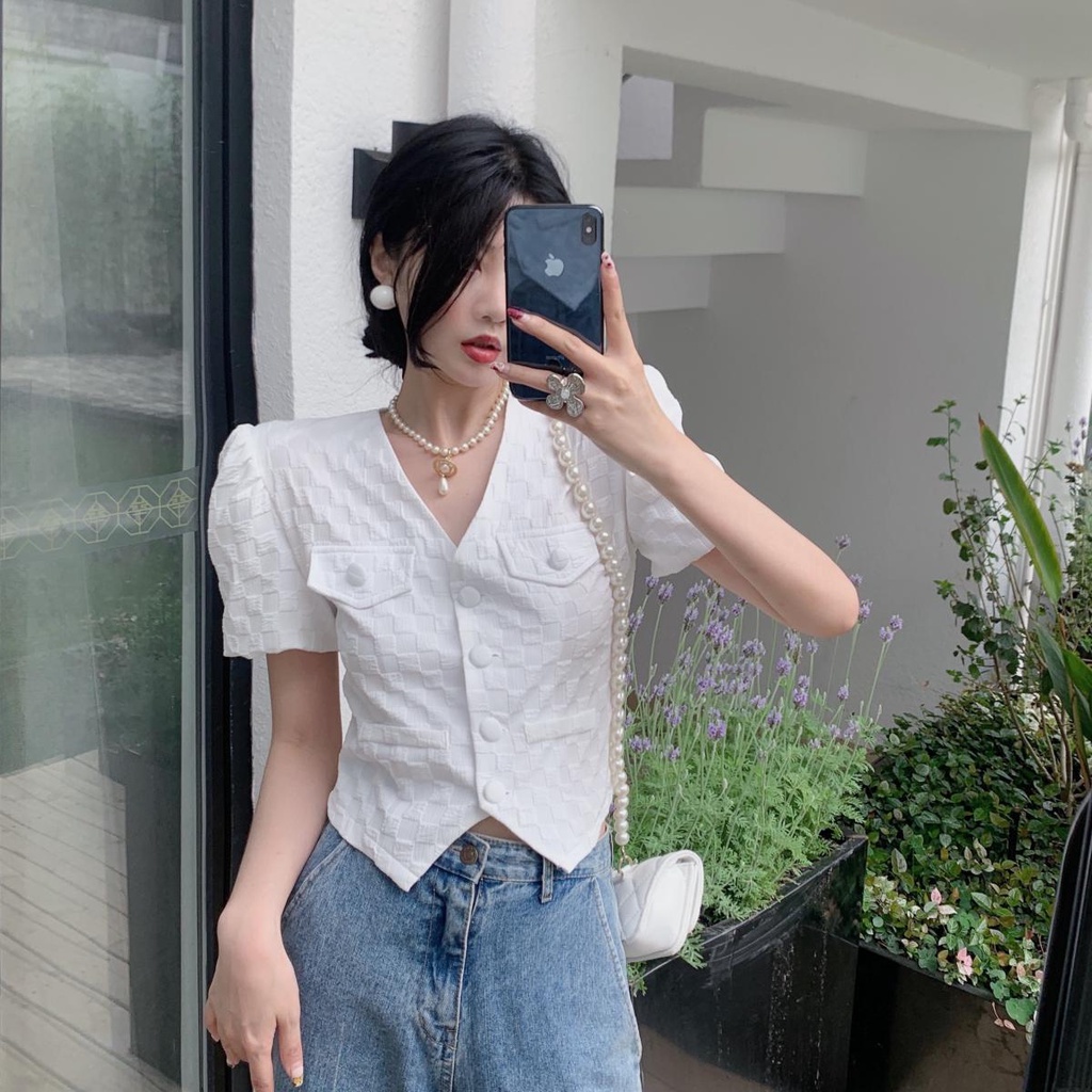 Áo Sơ Mi Tay Ngắn Cổ Chữ V Thời Trang Mùa Hè Phong Cách Pháp Hàng Mới Cho Nữ