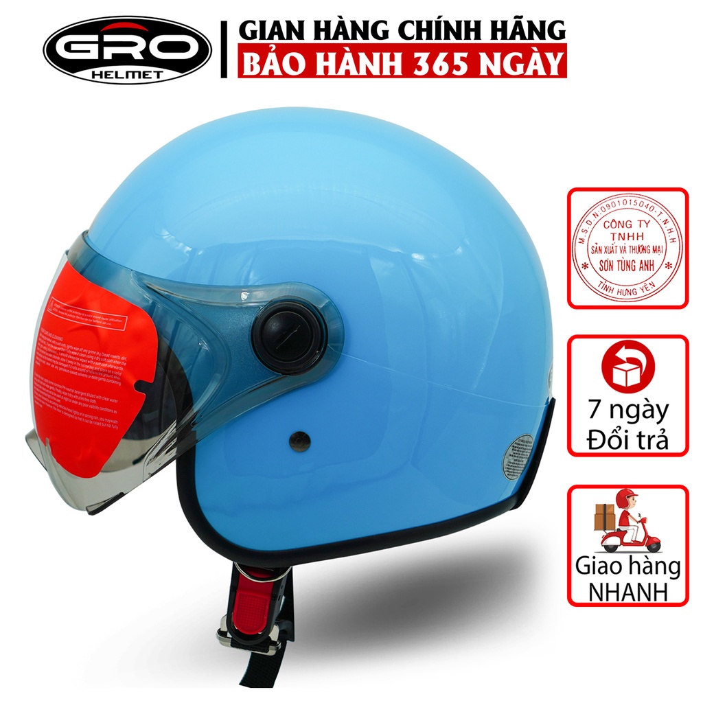 Mũ Bảo Hiểm 3/4 đầu GRO Helmet T818 có kính ngắn che nửa mặt, kiểu dáng thời trang cho nữ, khóa kim loại - Xanh Dương