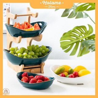 Khay sứ đựng hoa quả, khay sứ 2 tầng 3 tầng bánh kẹo kèm kệ gỗ phong cách Bắc Âu sang trọng