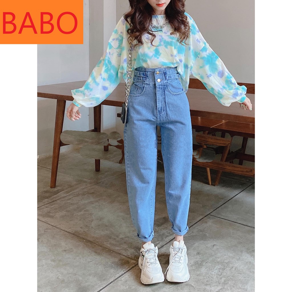 [ TM78 ] QUẦN BAGGY JEAN NỮ LƯNG CAO 2 NÚT 4 ĐAI MÀU XANH SIÊU HOT BABO LÊN FORM SIÊU CHUẨN