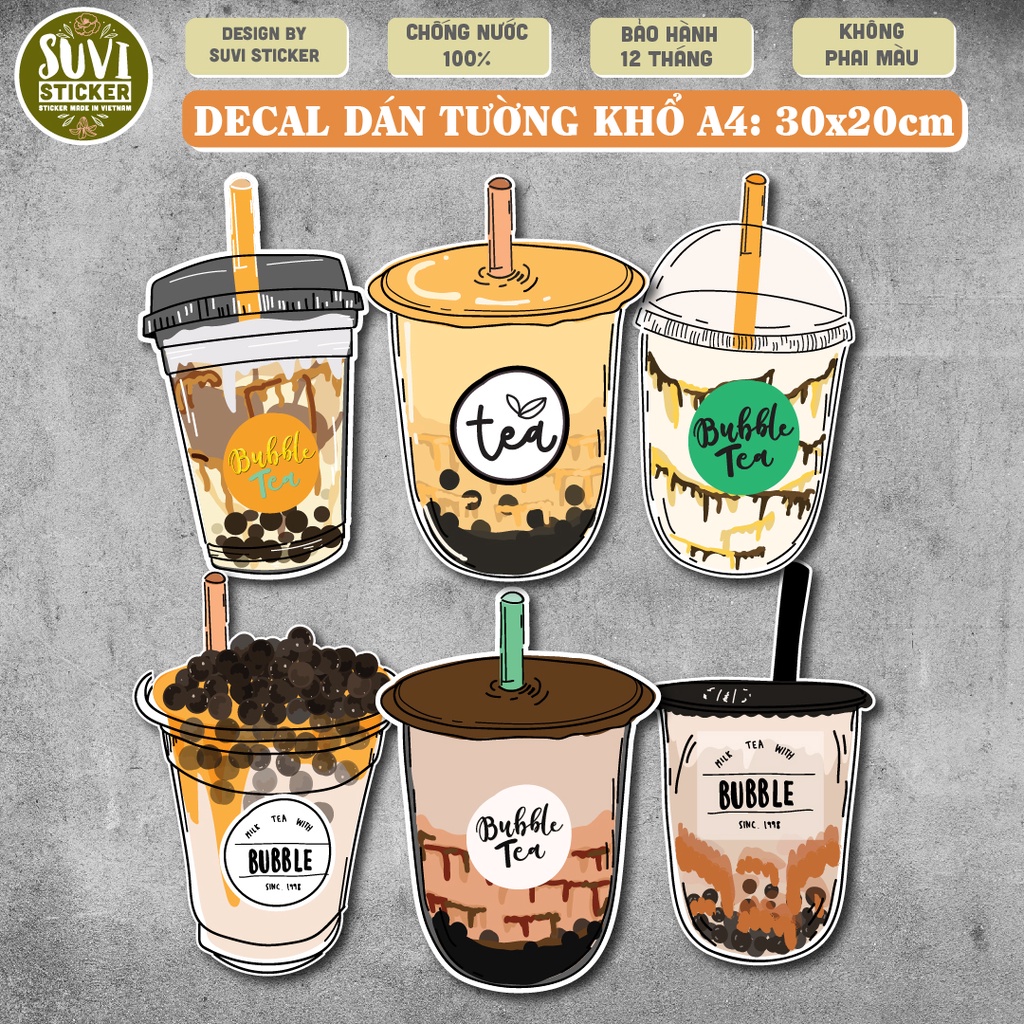 Combo Decal Trà Sữa khổ lớn trang trí tường, dán kính, trang trí quán cà phê khổ A4 chống nước. TS04