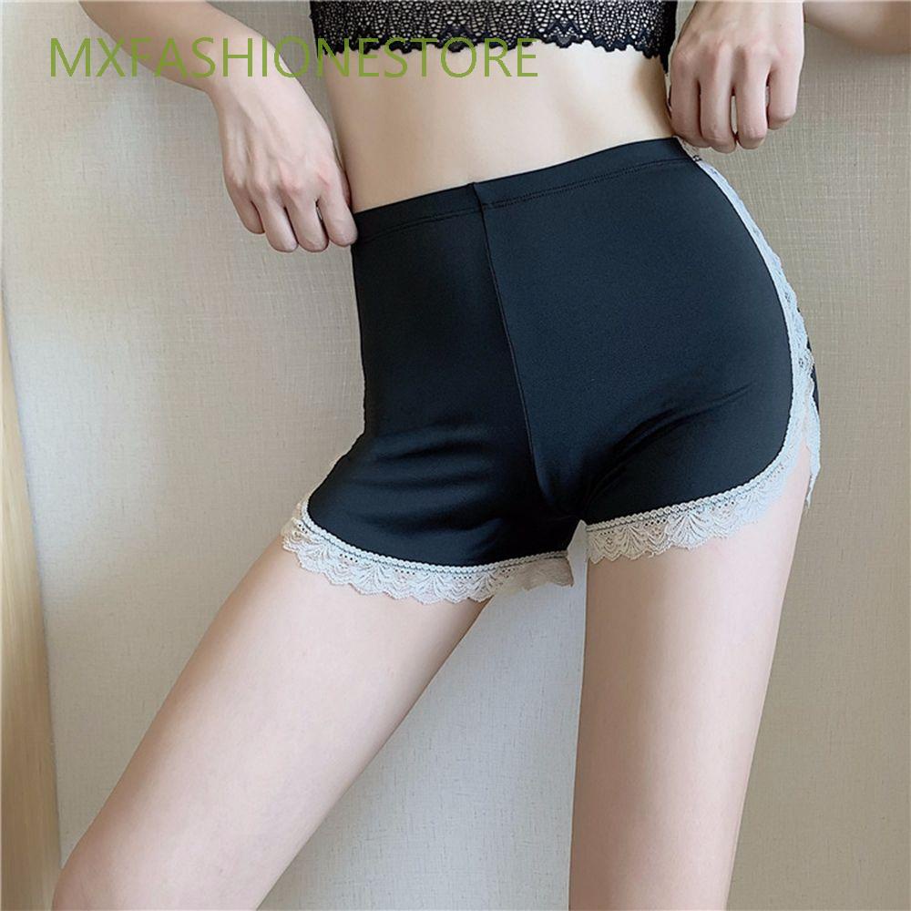 MXFASHIONESTORE Quần lót boxer ngắn bằng polyester mỏng phối ren lưng vừa co giãn đơn giản mát mẻ mùa hè nhiều màu sắc cho nữ