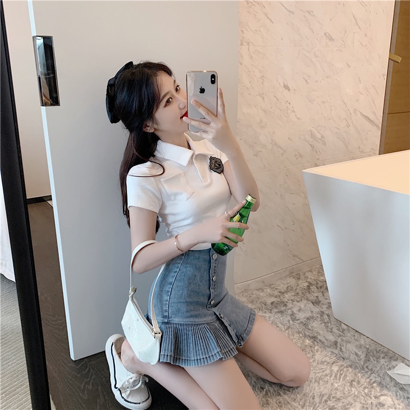 Chân váy nữ, chân váy jeans dập ly màu xanh size S M L SKUCV-19A  1990clother