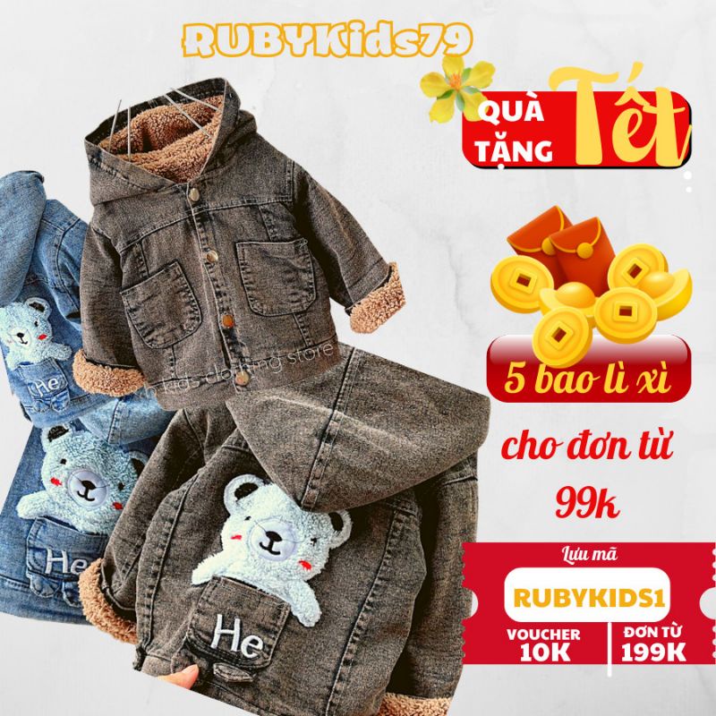 Áo khoác Jean bò mềm lót lông thêu gấu H&B Kids cho bé yêu từ 6 - 18kg