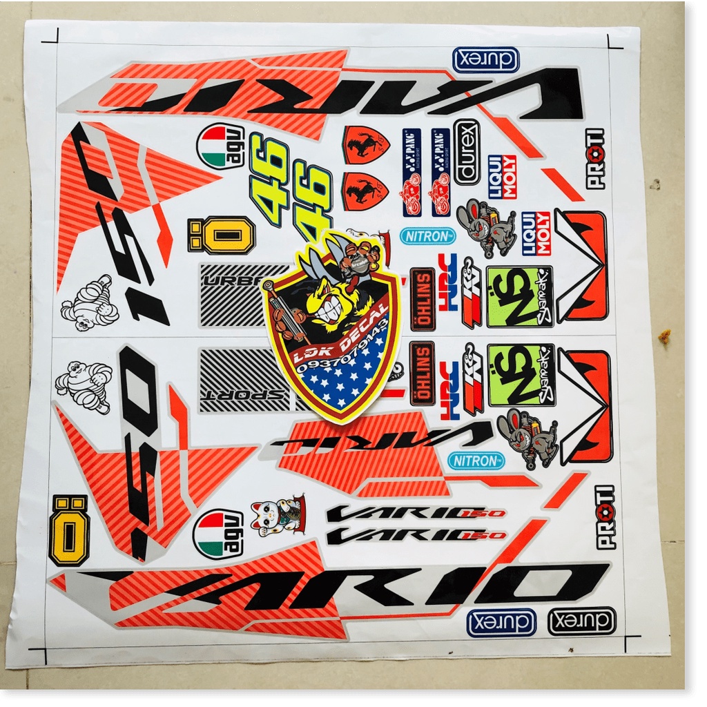 ( Quí khách vui lòng mang ra tiệm cho thợ dán ) Tem vario 150 indo cam bạc