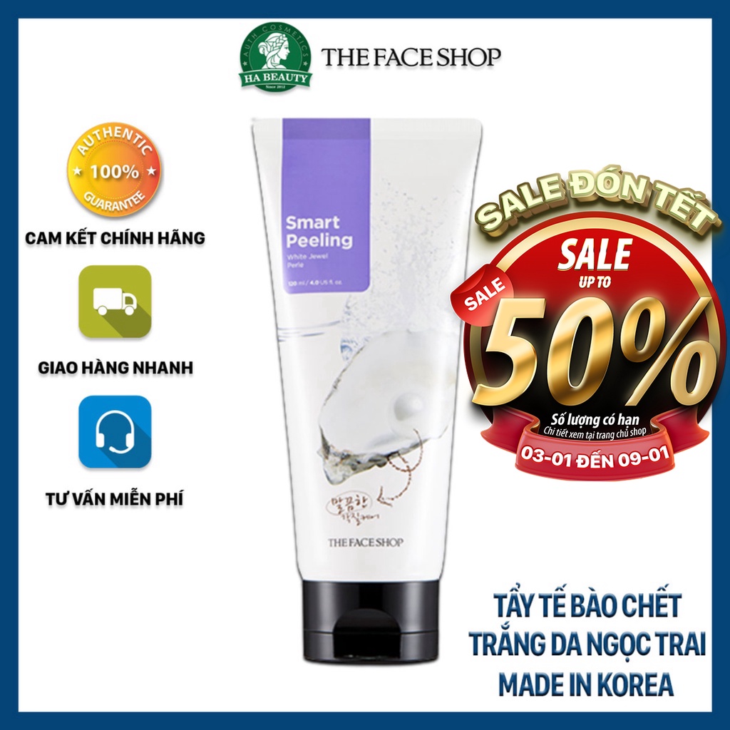 Tẩy tế bào chết da mặt The Face Shop Hà Beauty ngọc trai Hàn Quốc Smart Peeling White Jewel 120ml dưỡng trắng da