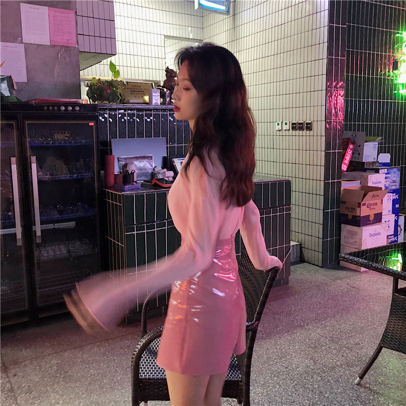 Chân váy IELGY da PU dáng chữ A lưng cao thời trang cho nữ