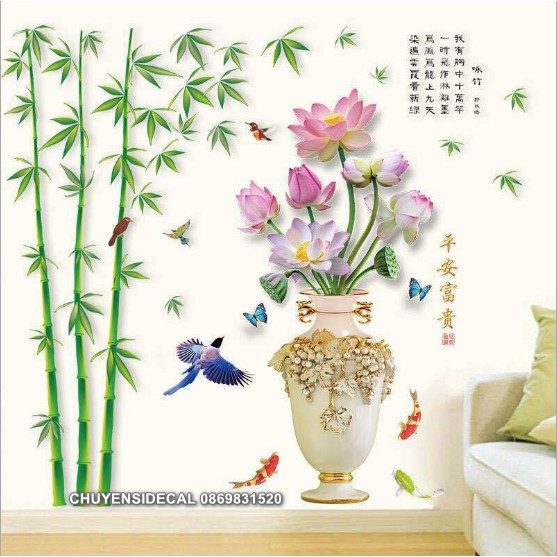 COMBO Decal dán tường - Trúc lớn phối Chậu Sen ( 3 tấm )