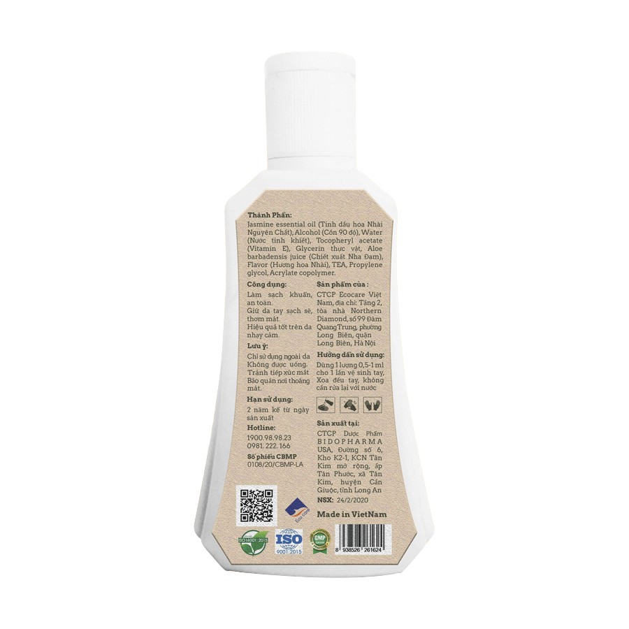 Nước rửa tay khô sát khuẩn dạng gel hương hoa nhài Ecocare 100ml