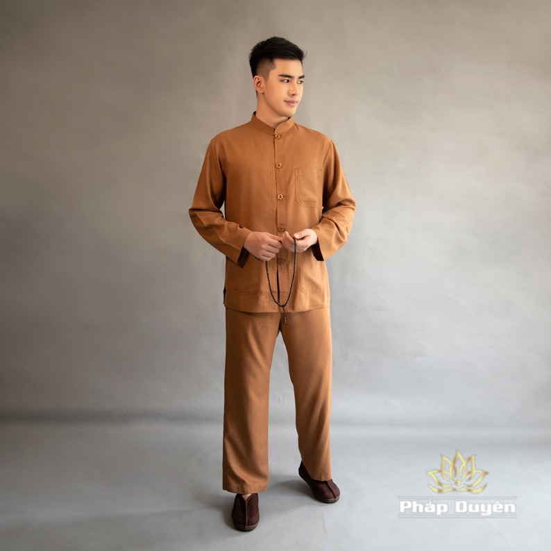 Bộ Đồ Thiền Nam Dài Tay Nút Nhựa, Vải Lanh Linen Hàn Quốc, Màu Nâu, Lam  & Nâu Đen - Quần Áo Phật Tử Cư Sĩ