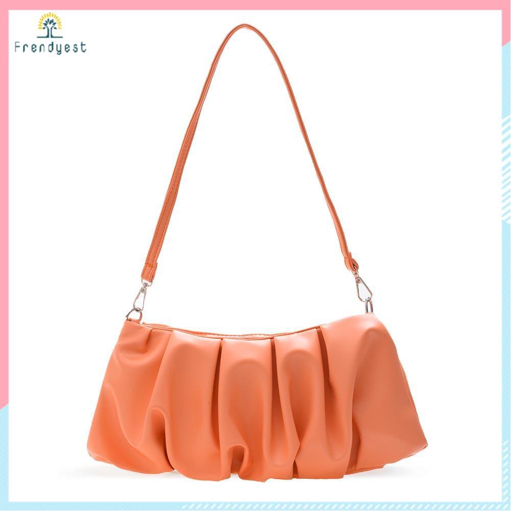 Pleated Shoulder Handbag Women PU Elegant Underarm Cloud Bags (Orange)
