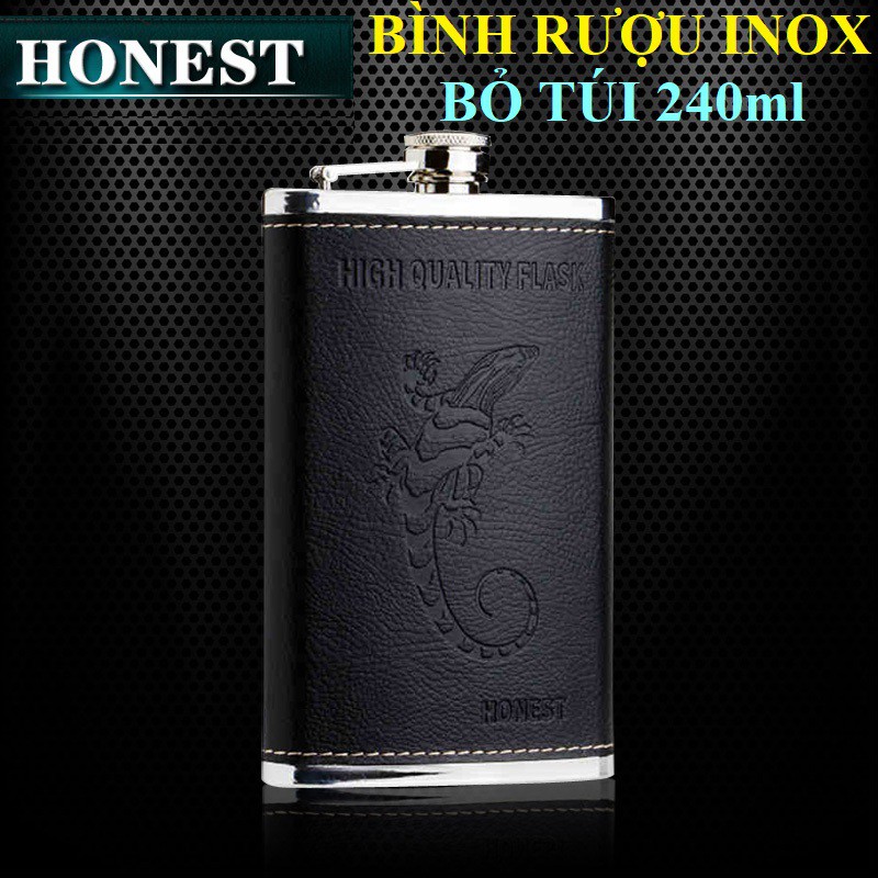 Bình rượu inox Honest bọc da 10oz, khắc tắc kè độc đáo (dung tích 300ml)