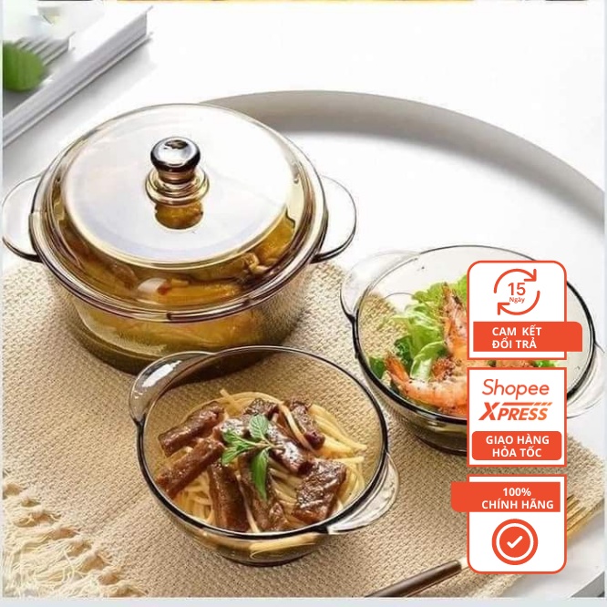 Bộ Nồi Thuỷ Tinh 5 Món Gồm 1 Nồi Và 4 Bát Thuỷ Tinh Màu Phong Cách Châu u Sang Trọng