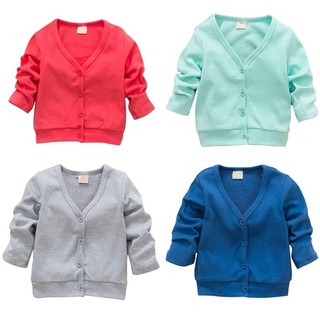 Áo khoác cotton màu trơn dài tay cổ V thời trang cho bé gái