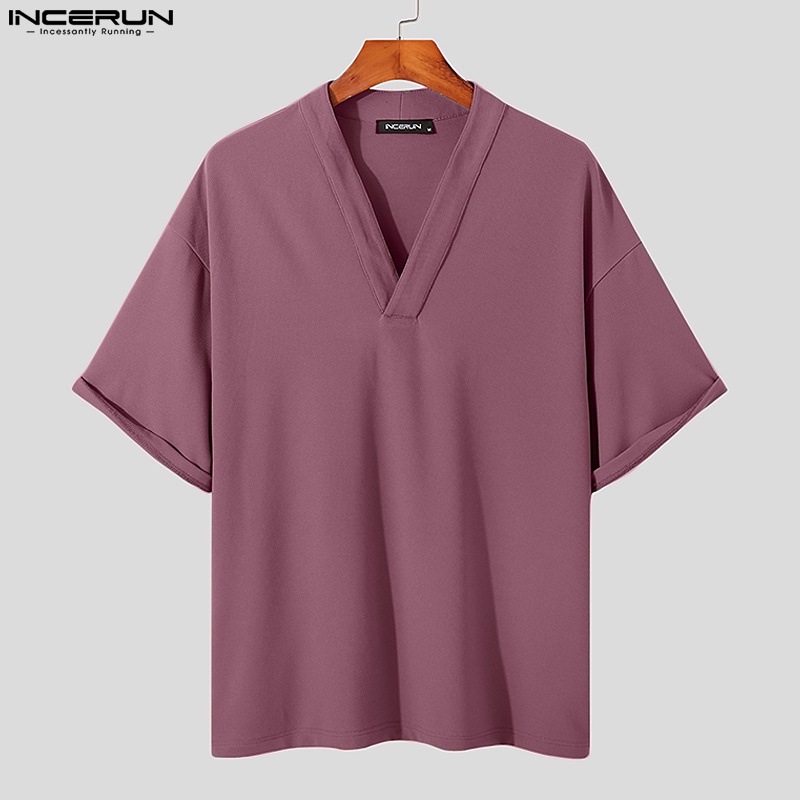 INCERUN Áo Thun Tay Ngắn Cổ Chữ V Màu Sắc Đơn Giản Cho Nam