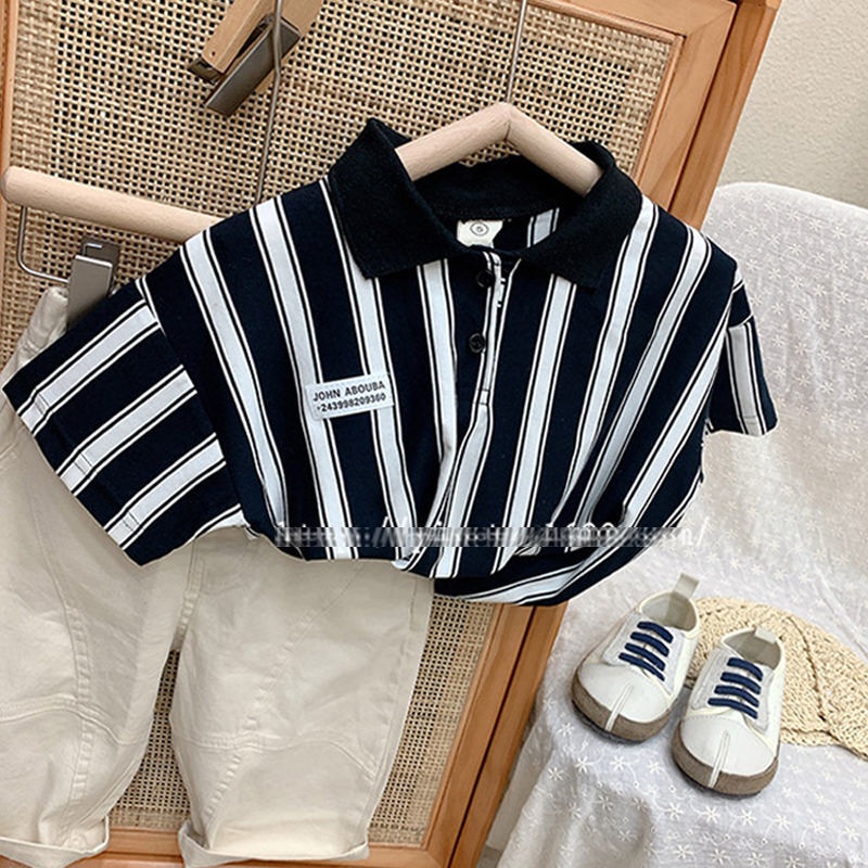 Áo Sơ Mi Polo Ngắn Tay Họa Tiết Sọc Dọc Phong Cách Hàn Quốc Mẫu Mới Thời Trang Mùa Hè Cho Bé Trai