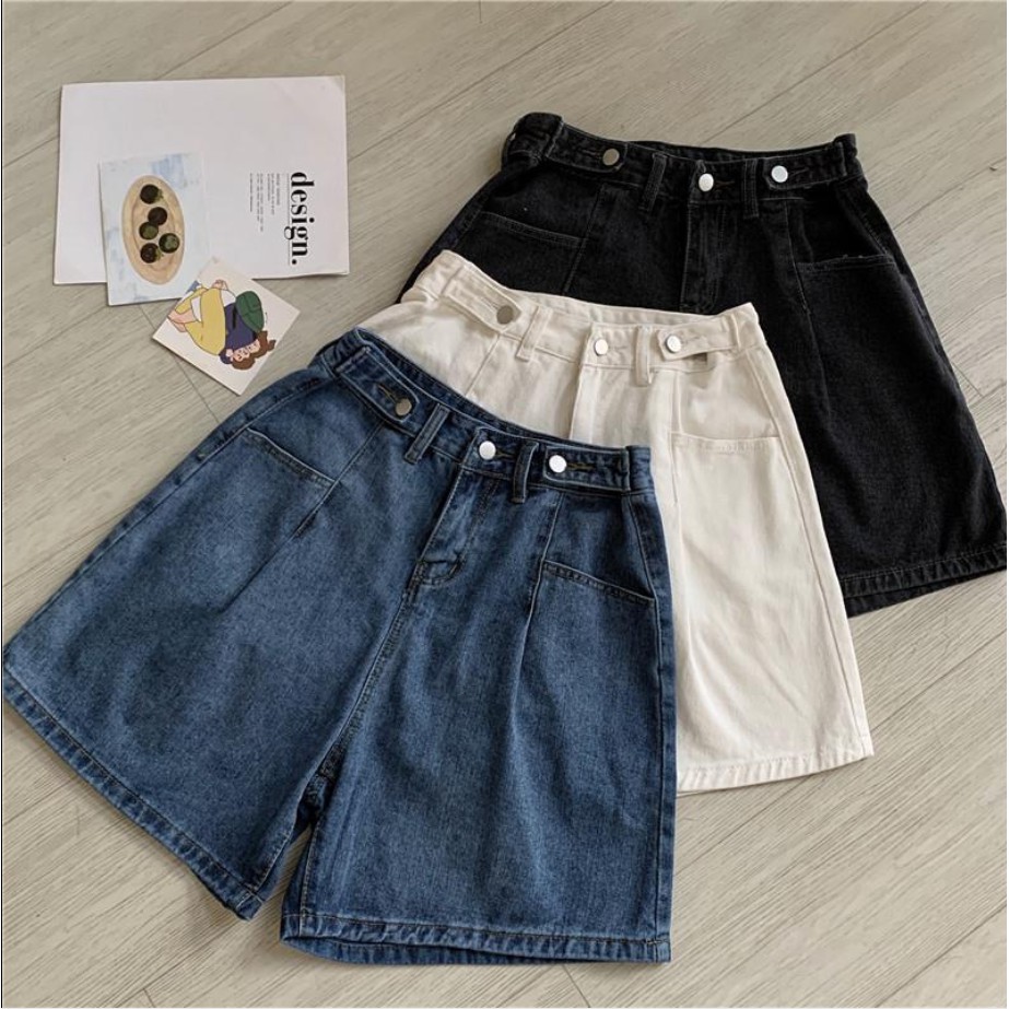 Quần Short Denim Ống Rộng Lưng Cao Phong Cách Hàn Quốc Dành Cho Nữ