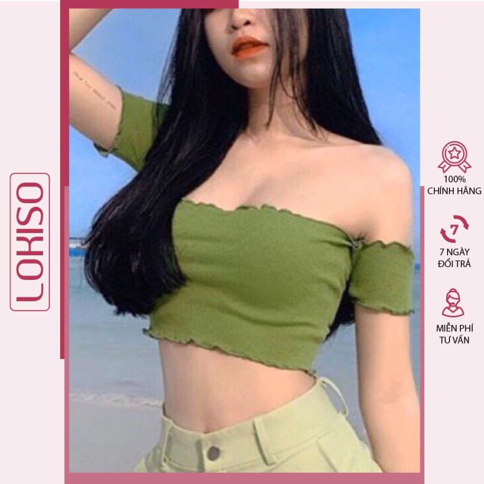 Áo croptop trễ vai ôm body tay ngắn phối bèo thun tăm nhỏ LOKISO CT13 !