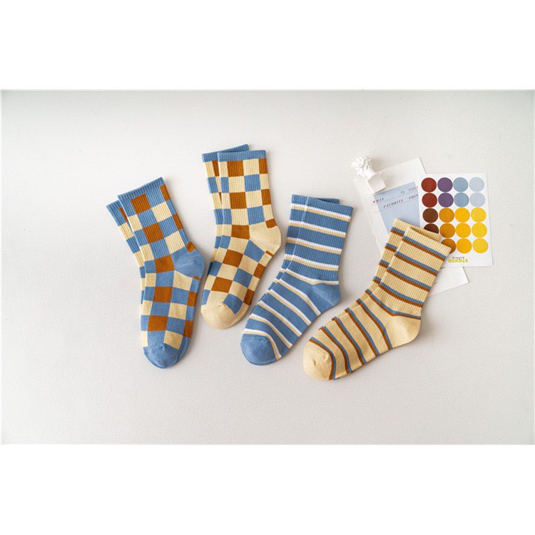 Tất Tất cổ cao Xanh Kem Unisex Cotton Họa Tiết Retro Phong cách Nhật Hàn Hot Trend Ulzzang Tất cao cổ Nam nữ Thời trang