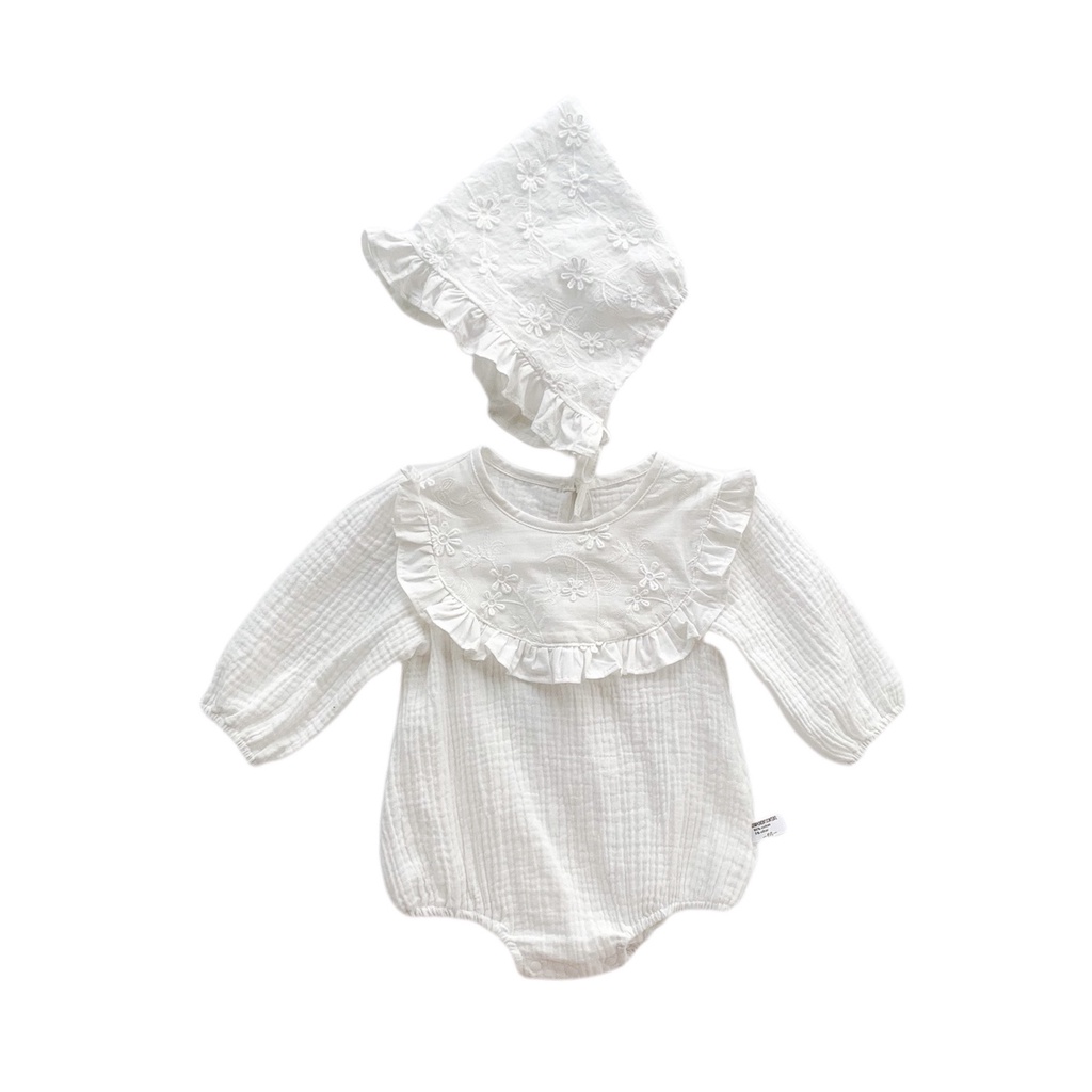 Bộ Áo Liền Quần Tay Dài + Mũ Bằng Cotton Mềm Mại Phối Ren Xinh Xắn Cho Bé Gái 0-2 Tuổi