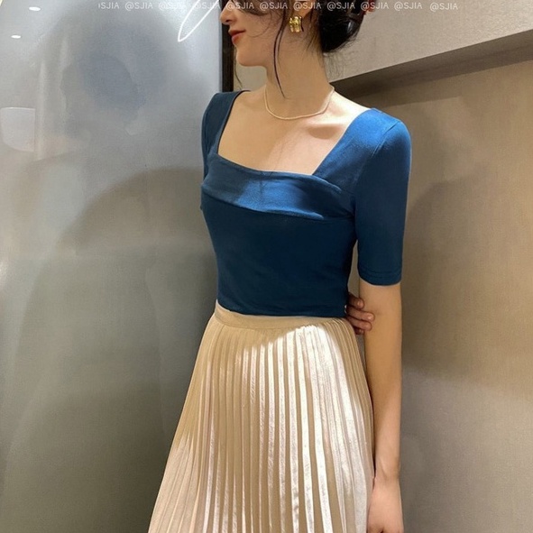 Áo dệt kim ZHELIHANGFEI tay ngắn cổ vuông gợi cảm thời trang