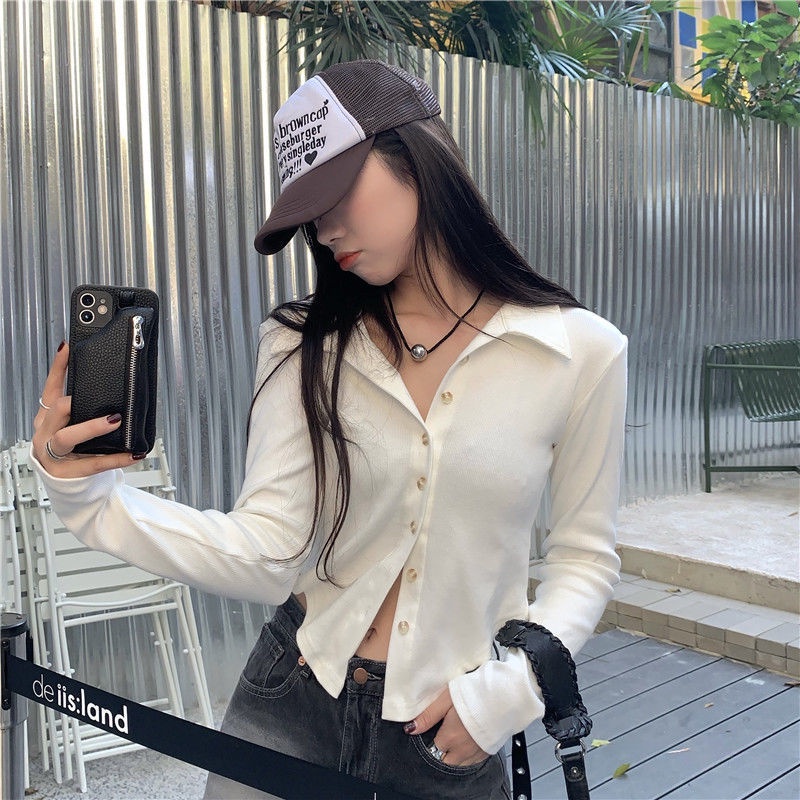 Áo sơ mi COZOK tay dài cổ polo dáng ôm phong cách Hàn Quốc