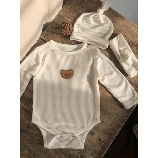 Body Gấu thêu kèm mũ & turban chất cotton gân xuất Hàn cho bé