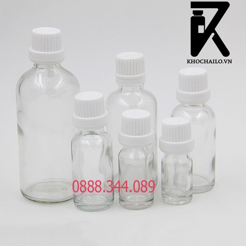 Vỏ chai tinh dâu,serum thuỷ tinh trắng trong nắp vặn trắng to,trắng bé 5ml,10ml,15ml,20ml,30ml,50ml,100ml