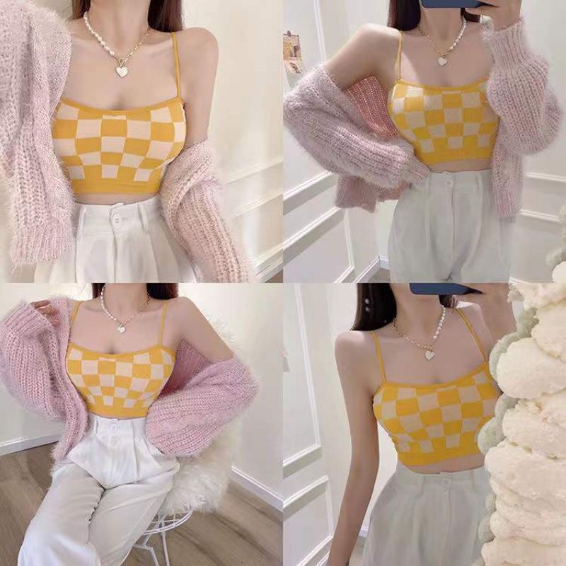 Áo bra quây ngang 2 dây mút may liền hoạ tiết caro