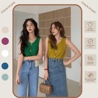 Áo ba lỗ len đan khuy dọc A-22362, mongtoghi cài khuy dáng lửng