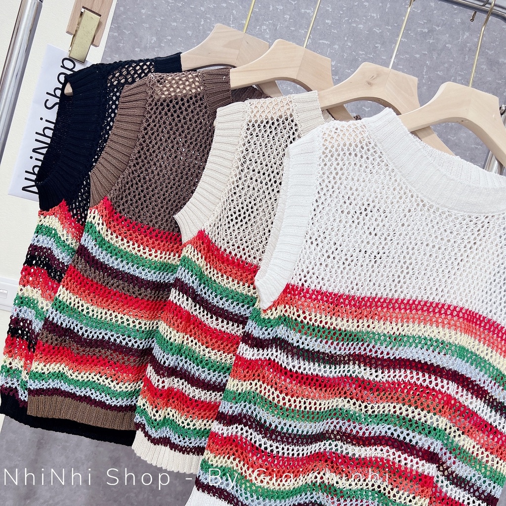 Xả hàng - Áo len lưới mỏng sát nách phối màu cầu vồng AL1252 - NhiNhi Shop