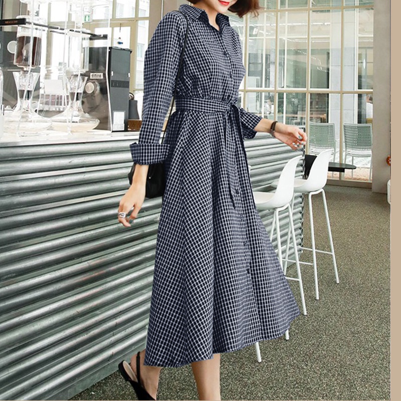 Đầm dài ZANZEA tay dài cổ bẻ họa tiết sọc caro thời trang phong cách Hàn Quốc cho nữ