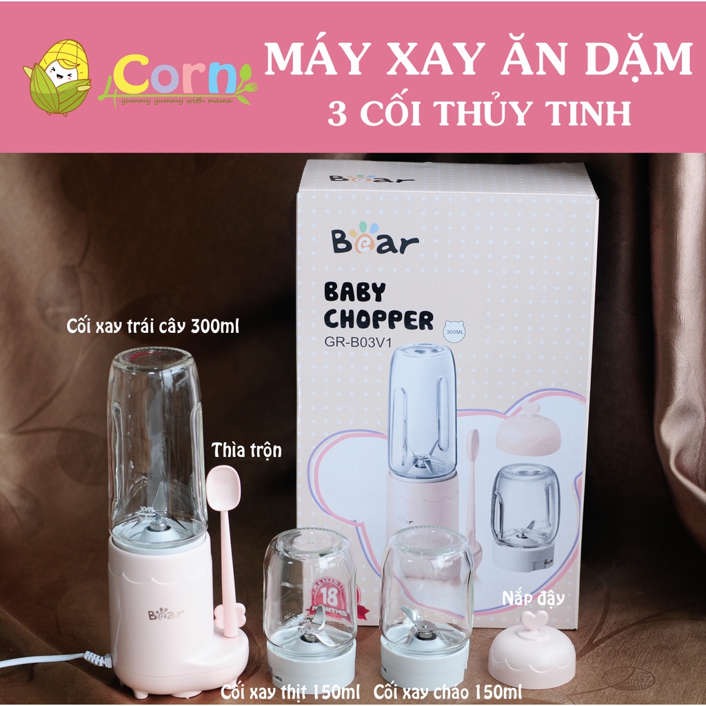 [BẢN QUỐC TẾ] Máy xay đồ ăn dặm cho bé 3 cối thủy tinh cao cấp Bear