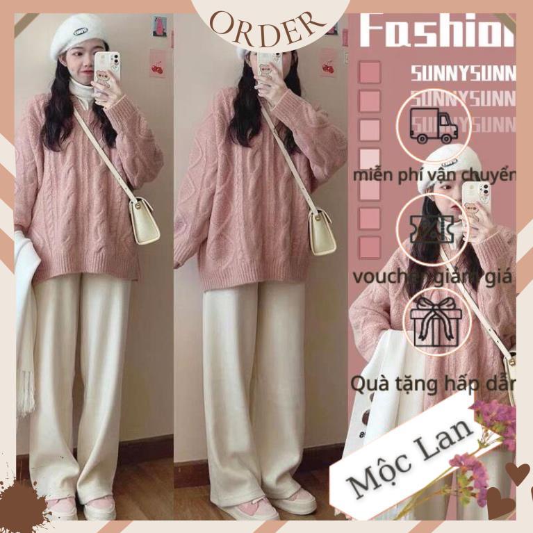 (MộcLan ORDER) Áo len nữ MORAN vặn thừng màu hồng cổ V form rộng dài style điệu đà Hàn Quốc | BigBuy360 - bigbuy360.vn
