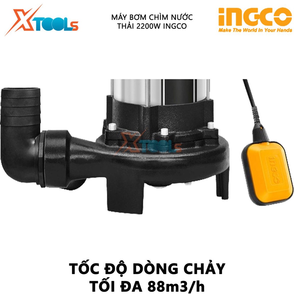 Máy bơm chìm nước thải INGCO SPDB22001 | máy bơm chìm 2200W(3.0HP), chiều cao bơm 13m, tốc độ dòng chảy 88m3/h, motor dâ