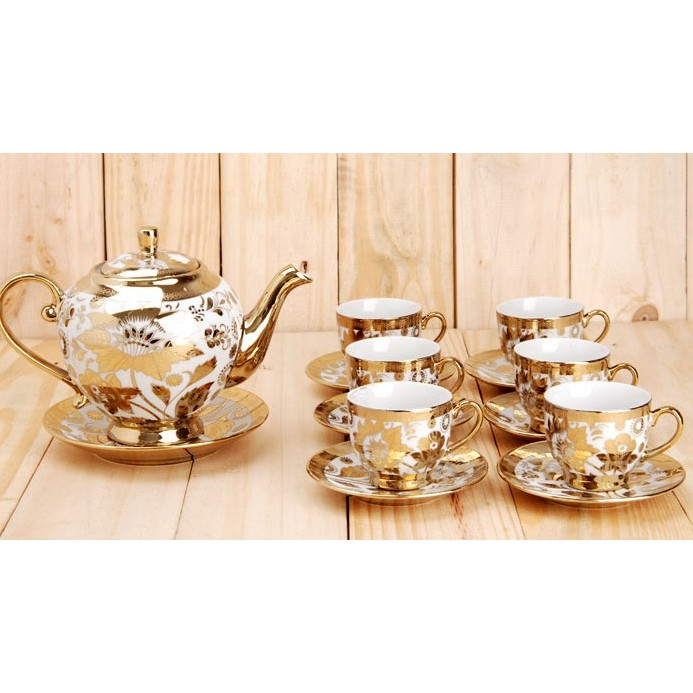 BỘ TÁCH TRÀ HOA VĂN NHŨ VÀNG HOÀNG GIA - BỘ ẤM CHÉN UỐNG TRÀ 6 LY CAO CẤP