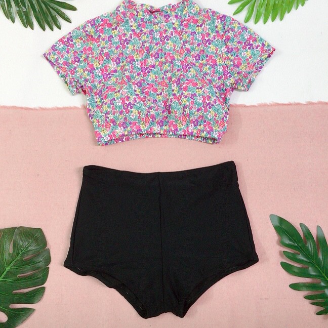 Đồ bơi Bikini hai mảnh đẹp cộc tay kín đáo hoa nhí tím ( Đảm bảo ảnh chụp thật 100%)