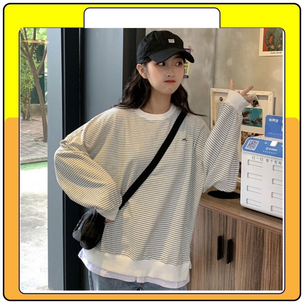 Áo nỉ kẻ pha viền phong cách vintage, áo kẻ dài tay Queenshop