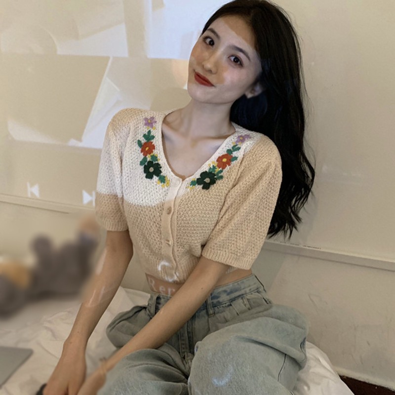 Áo Cardigan Dệt Kim Tay Ngắn Cổ Chữ V Hoạ Tiết Hoa Thêu Phong Cách Retro Cho Nữ | BigBuy360 - bigbuy360.vn