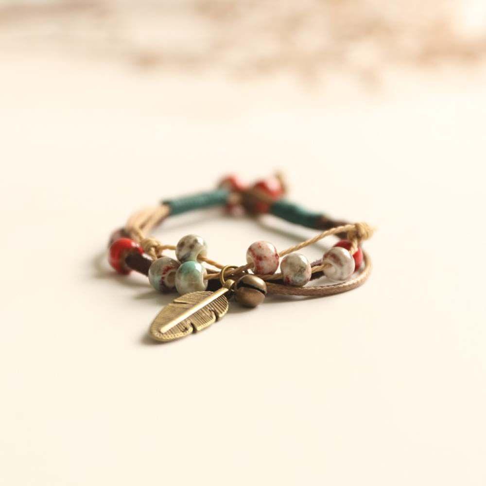 1 Vòng Tay Dây Bện Phối Gốm Sứ Phong Cách Dân Tộc Thời Trang Có Thể Điều Chỉnh Cho Nữ