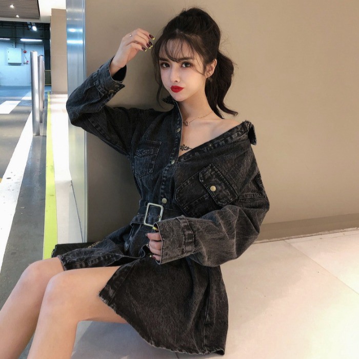 Váy Bò Denim Phong Cách Giấu Quần Kèm Đai Thắt Lưng