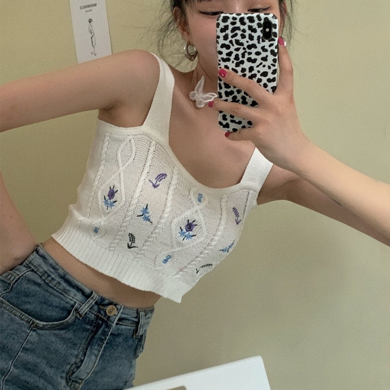 Áo croptop nữ dệt kim thêu hoa cổ điển thời trang mùa hè phong cách boho