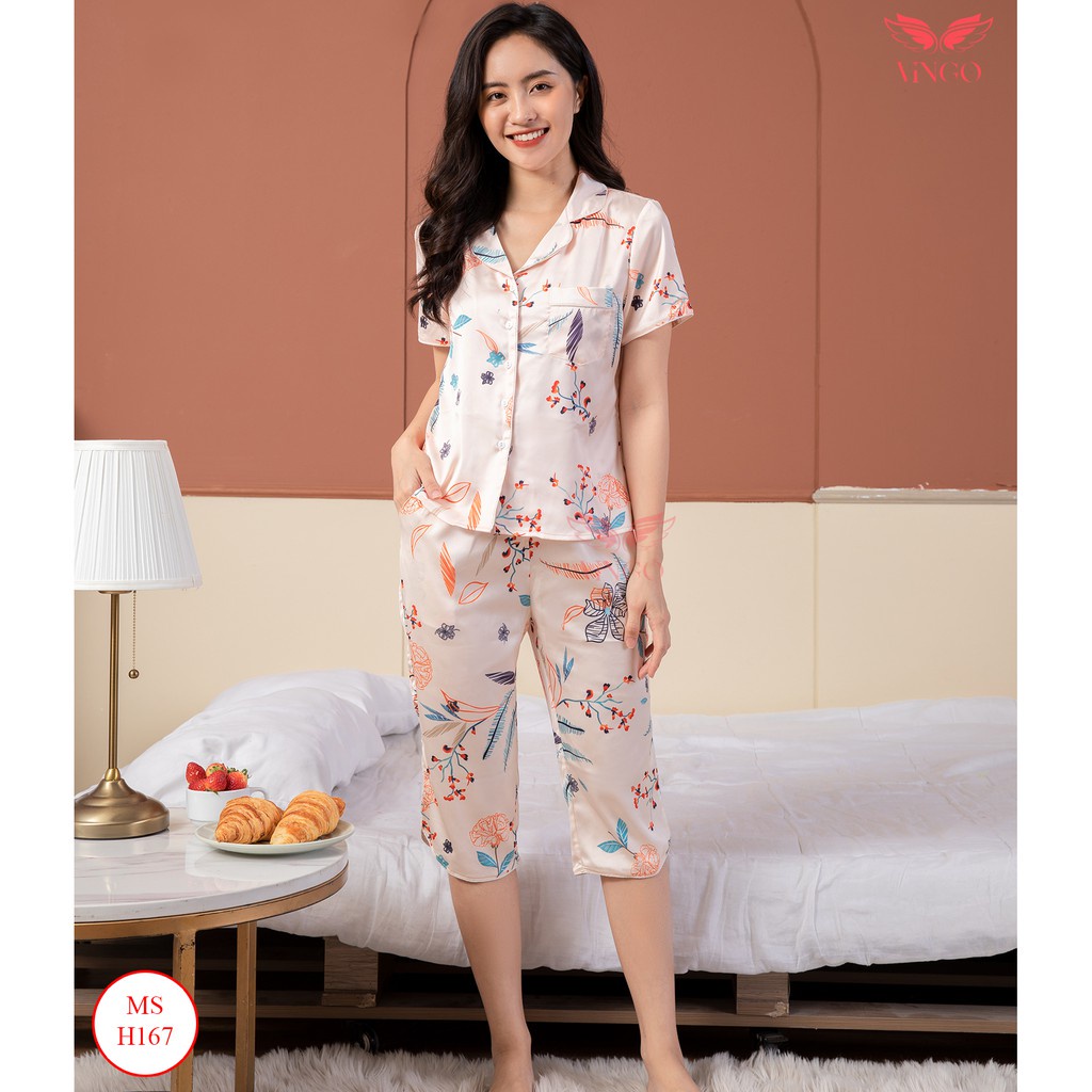 Đồ bộ nữ mặc nhà pijama lụa Pháp mềm mát VINGO áo cộc quần lửng hoa mẫu đơn nền be thanh lịch mặc mùa Hè H167 VNGO