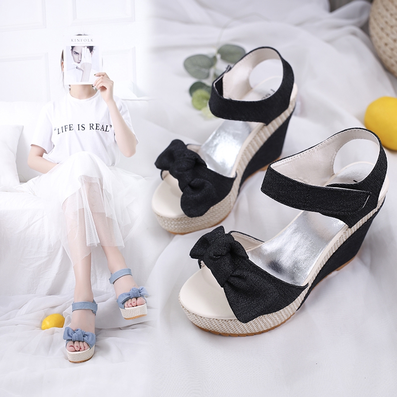 Giày sandal đế xuồng hở mũi phong cách Hàn quốc🎀Giày cao gót đế dày đính nơ xinh xắn thời trang