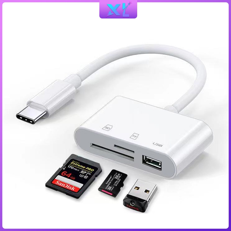 Đầu đọc thẻ nhớ 3 trong 1 loại C sang USB A OTG SD cho iPhone Android Laptop