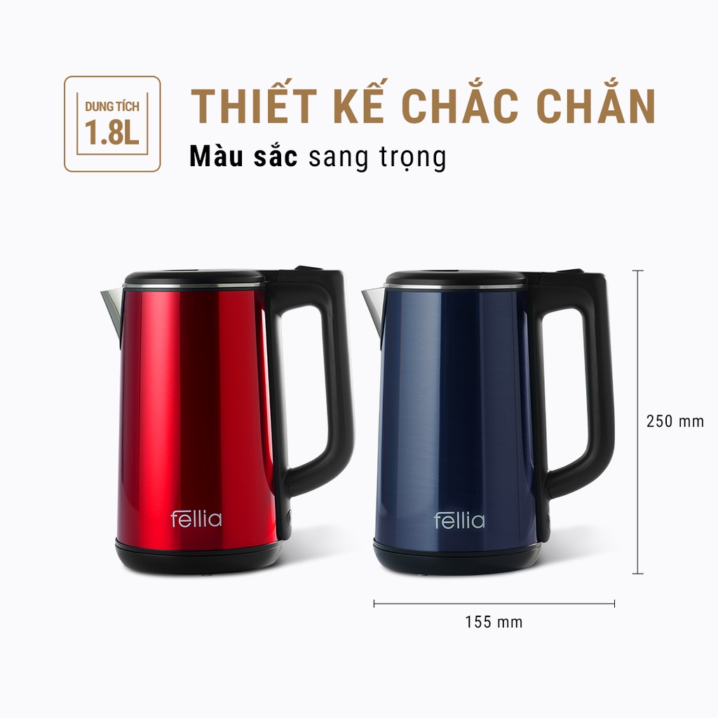 Ấm đun siêu tốc Fellia K161- Thành bình 3 lớp cách nhiệt an toàn - Màu xanh/đỏ - Bảo hành 18 tháng