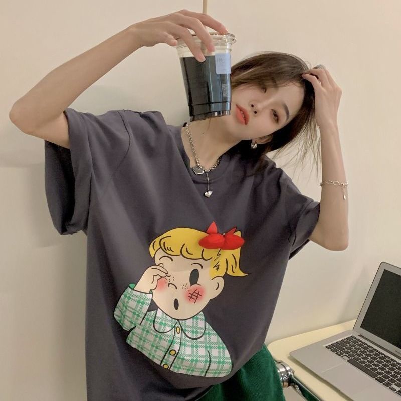 Jiashucheng Áo Thun Dáng Rộng Đính Nơ Dễ Thương Thời Trang Mùa Hè Cho Bạn Gái